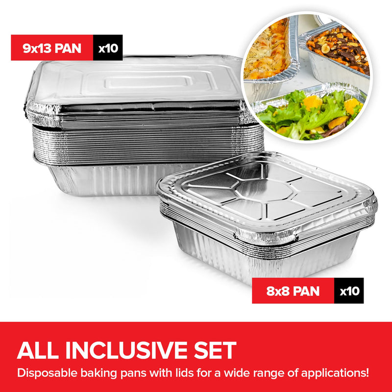 Disposable Foil Pans with Lids (Set of 20) Heavy Duty Aluminum Pans with Lids 9x13 (x10), 8x8 (x10) Baking Tins with Covers for Cooking, Heating, Storing, Food Prep, Holiday Dinner Meals, Silver