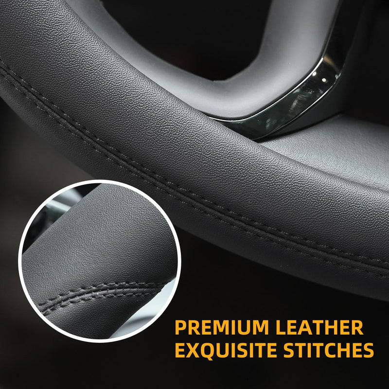 Valleycomfy Microfiber Leather Steering Wheel Cover Universal 15 inch (Black) Black Medium(Standard) Size[14.5"-15"]