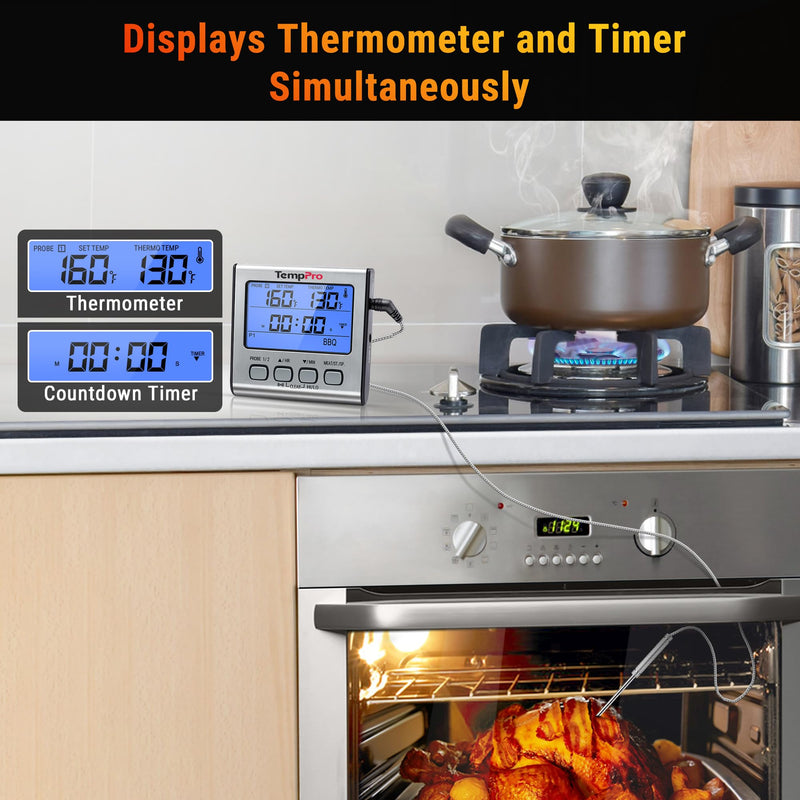 TempPro TP17 Dual Probe Digital Cooking Meat Thermometer Large LCD Backlight Food Grill Thermometer with Timer Mode for Smoker Kitchen Oven BBQ, Silver (Previously ThermoPro) 2-probes