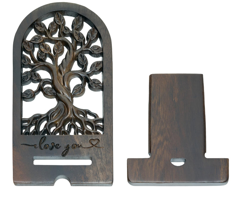 Handicraftviet - Handcrafted Wooden Tree of Life Phone Stand, Engraved “I Love You” – Vintage Desk Docking Station for Smartphone – Gift for Mom, Grandma, Sister, Dark Brown (Tree of Life)