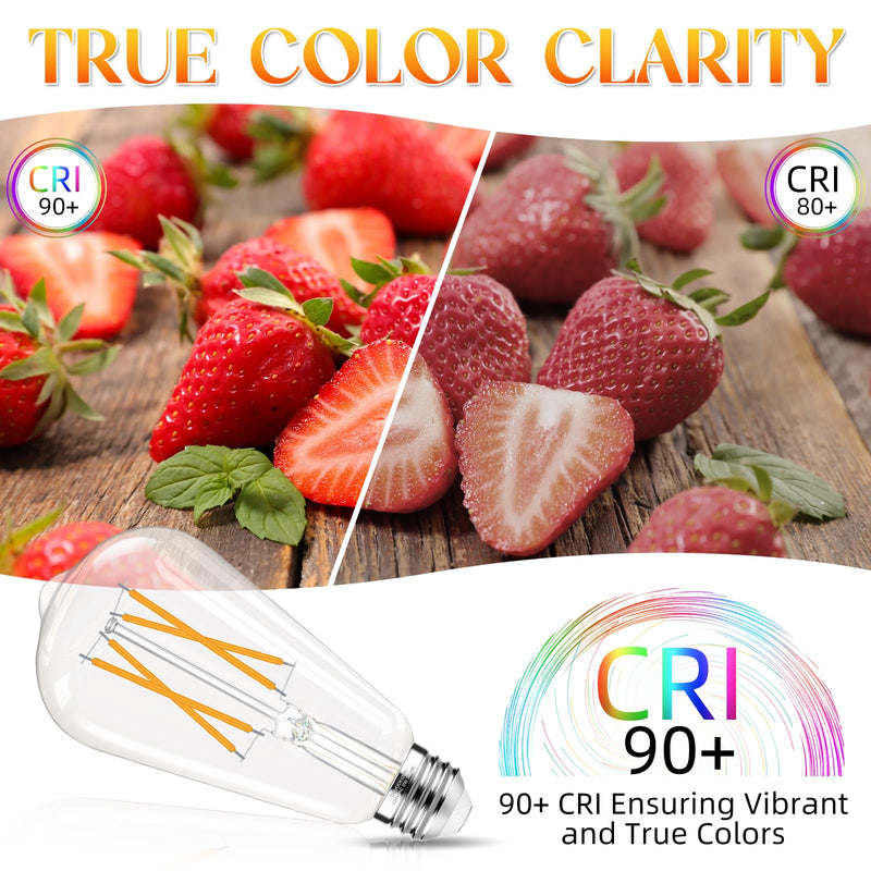 Edison Bulbs 60 watt LED Equivalent, Vintage Light Bulbs Non-Dimmable, 2700K Warm White, ST58 E26 LED Bulb, 90+ CRI, 6W 600LM, E26 Medium Base, Clear Glass, 12 Pack