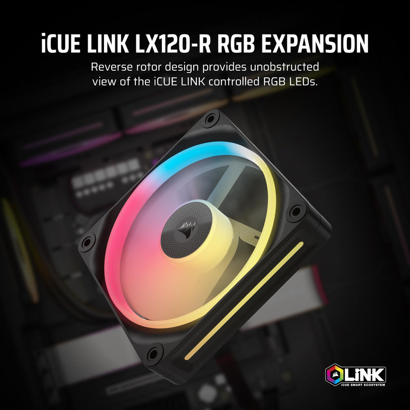 CORSAIR iCUE Link LX120-R RGB 120mm PWM Reverse Fan – Single Fan – Low-Noise, Magnetic Dome Bearing, Dual Light Loops, CORSAIR QuikTurn Screws, Zero RPM Mode – Black 1 x 120mm