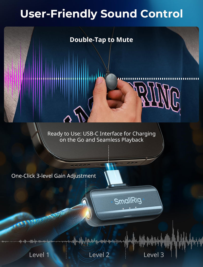 SMALLRIG S60 Wireless Lavalier Microphone with USB C for iPhone, for Android, Mini Mic with 44H Battery, Noise Reduction, Mute, Gain, Clip On Lapel Mic for Video Recording, Vlogging, Interview,Black Black
