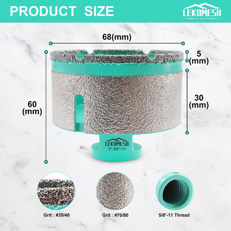 Diamond Core Drill Bits Milling Bits- 3 Inch with 5/8"-11 Thread Tile Hole Saw Cutter Dry Drilling Grinding for Porcelain Ceramic Tile Granite Marble Stone 75mm 3"(75mm)