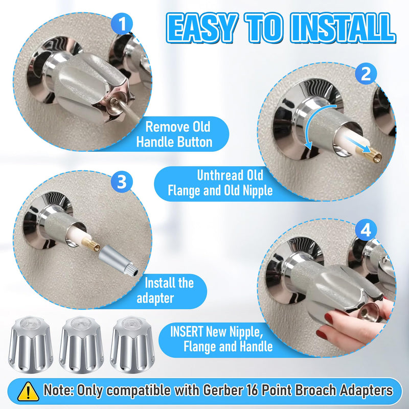 Enhon 3 Piece Shower Knobs Replacement with 3 Adapters Compatible with Gerber 16 Point Broach Bathtub Faucet, Shower Faucet Handles for Short & Long Valve Stems