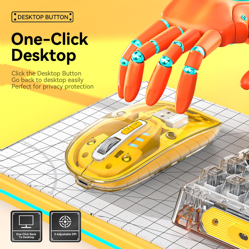 Uiosmuph G21 Bluetooth Mouse Wireless, Tri-Mode (BT5.1/5.1+USB), USB C Rechargeable, Quiet Click, Transparent Cover, Battery Level Visible, for Laptop/Mac/iPad - Yellow