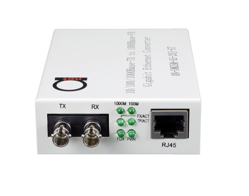 Single Mode ST Gigabit Fiber Media Converter - Built-in Fiber Module 20 km (12.42 Miles) ST – to UTP Cat5e Cat6 10/100/1000 RJ-45 – Auto Sensing Gigabit or Fast Ethernet - Jumbo Frame - LLF Support