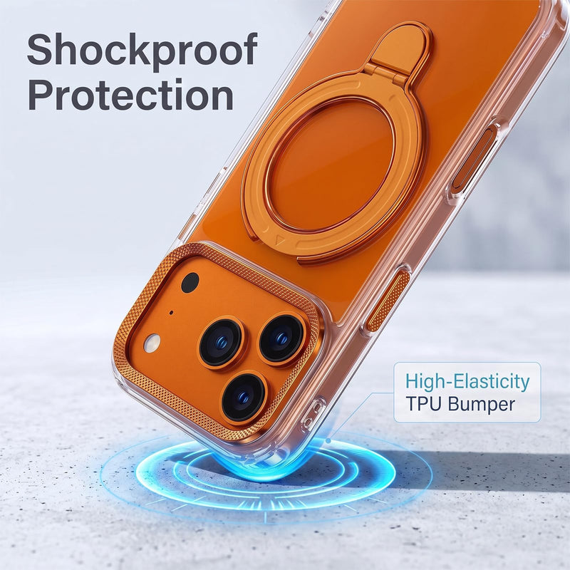 Magnetic Case for iPhone 17 Pro Max Ring Kickstand&Screen Protector, Orange | Durable Anti-Yellow Magnetic Case, Clear Bumper, Metal Ring Kickstand, Drop-proof, Fits MagSafe, Includes HD Screen Protector