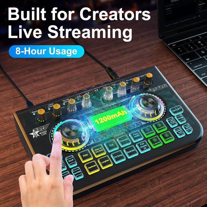 Gaming Audio Mixer Sound Board Mixer w USB Audio Interface Voice Changer, All-in-One Podcast Live Sound Card for Streaming w Soundboard Customizable Soundpads for PC Smartphone Recording Broadcasting BYS-X3-LBACK