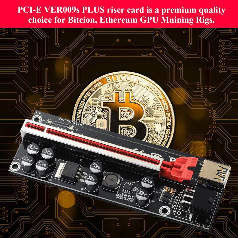 VER009S-PLUS PCI-E 1X to 16X Riser Card, 8 Solid Capacitors,6 PIN SATA Power Cable, 60cm USB 3.0 Extension Cable, Suitable for GPU Bitcoin Ethereum Mining (6 Pack)