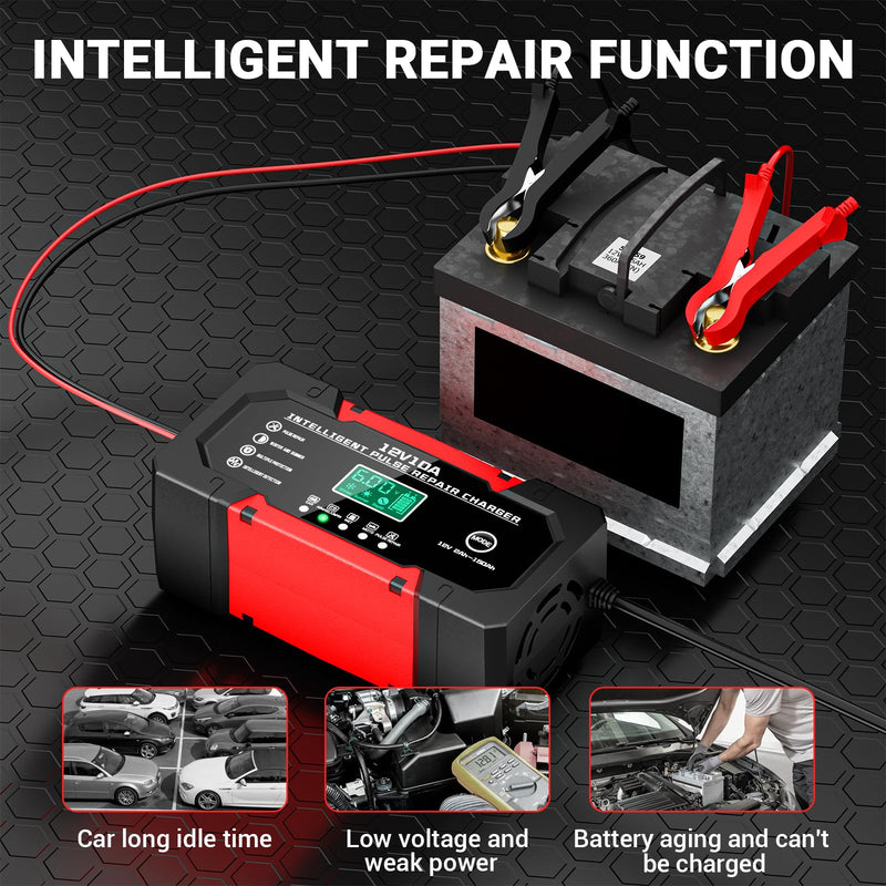 Battery Charger 10A 12V Fully Automatic Smart Car Battery Charger with LCD Display & Temperature Compensation for Car Motorcycle Vans Red 10A