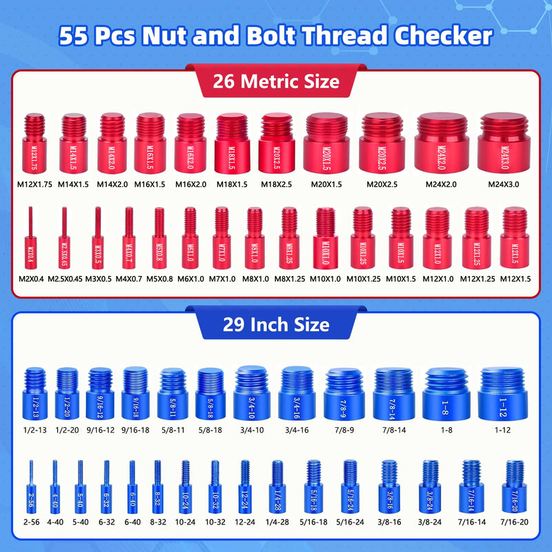 Thread Checker Set (55-Piece), Detachable Nut & Bolt Size Finder with Color-Coded Gauges, Bolt and nut Sizer, Ideal Gift for Mechanics, car Enthusiasts, DIYers, and Home Tool Kits