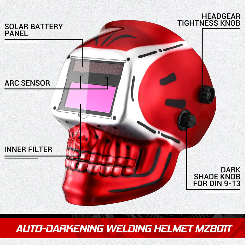 Welding Helmet Auto Darkening: DEKORPO True Color Solar Powered Auto Darkening Welding Welder Mask Hood Helmets MZ801T-Skull Red