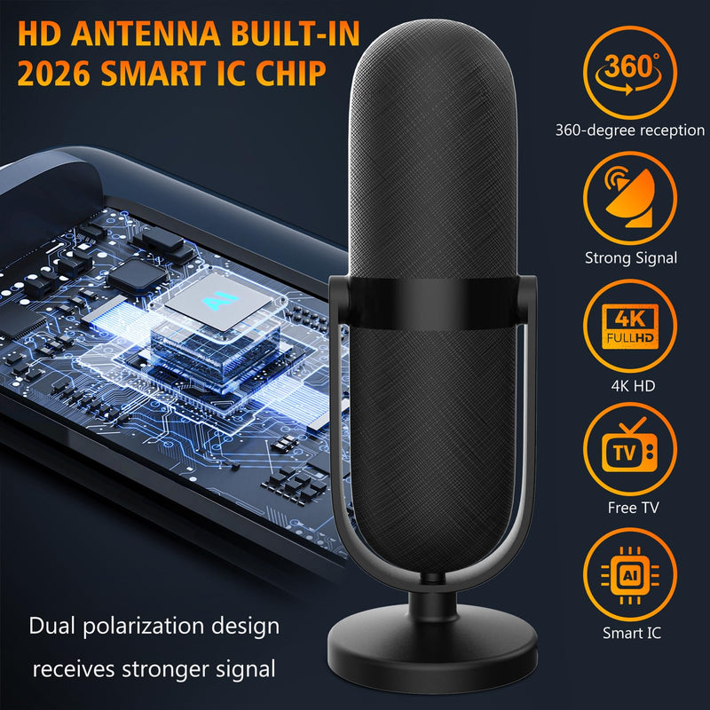 2026 TV Antenna Indoor,TV Antenna for Smart TV with 360° Signal Booster Reception,Digital Antennas 3500+ Miles Long Range Support 8K 4K 1080p TVs,Portable HD Antenna for Local Channels-25ft Coax Cable Black