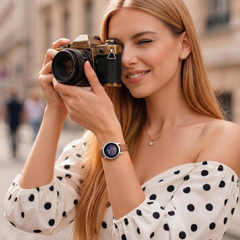 20mm Leather Watch Band Compatible with Garmin Vivoactive 5 Watch Bands, Vivoactive 6/3/Forerunner 165/55/245/645, Quick Release Genuine Slim Leather Strap for Venu Sq/Sq 2/Venu 2 Plus Women Brown 20mm