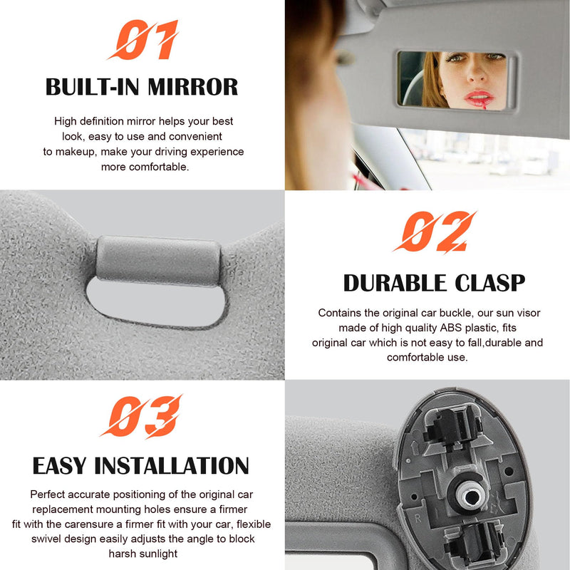 Gray Passenger Right Side Sun Visor Replacement Compatible with 2007 2008 2009 2010 2011 Toyota Camry Without Sunroof Replace 74310-06750-E0 Grey