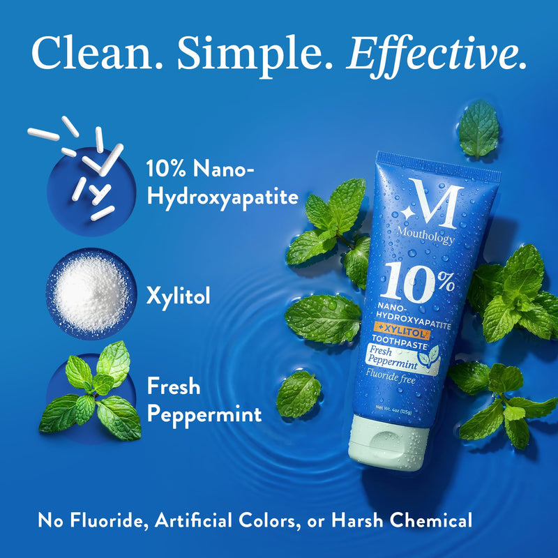 Mouthology 10% Nano Hydroxyapatite Toothpaste (3pk, Fluoride Free), Whitening*, Supports Enamel Care*, Appropriate for Sensitive Teeth*, SLS Free, Xylitol nHA Toothpaste Adults, Mint 4oz (USA Made) Fresh Mint 4 Ounce (Pack of 3)