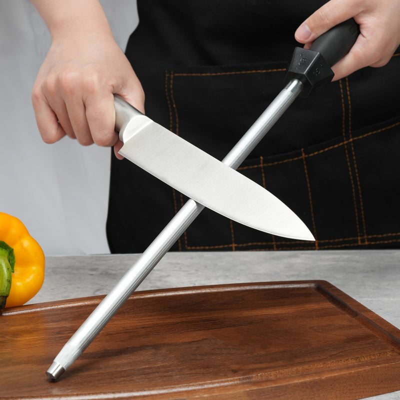 Knife Sharpener Knife Sharpening Rod Honing Steel with 15°-18°-20°Angle Guides Professional Carbon Steel with Black Rubber Grip for Kitchen Chef House Gift 12'' G Type-Black 12 inch