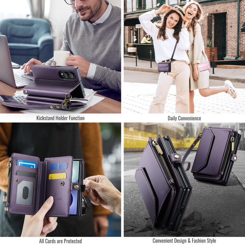 Strapurs for Samsung Galaxy Z Fold 8 - Zipper Strap Wallet Case, Purple | RFID Blocking 6-Card Holder, Shoulder Lanyard, Wirst Strap, Zipper Pocket, Magnetic Snap, PU Leather, Phone Cover for Women