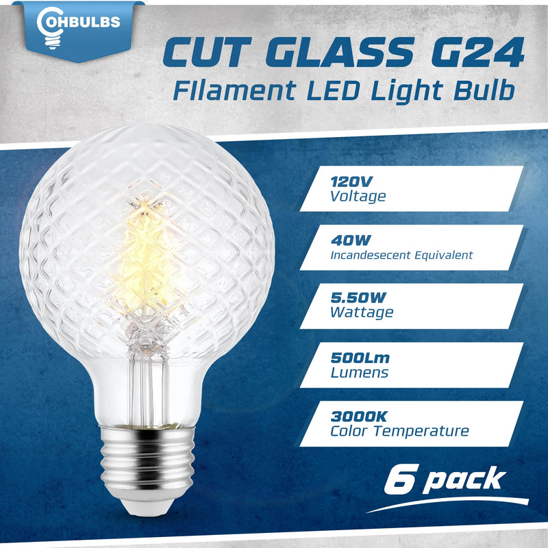 Decorative Light Bulb (6-Pack) 5.5 Watt G25 LED Filament Bulb E26 Medium Base (40W Equivalent) 3000K Warm White, 500 Lumens, Dimmable, Cut Glass Clear Decorative Light Bulbs Pack of 6