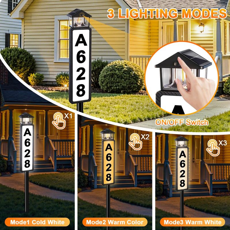 Solar Address Sign, Lighted House Numbers for Outside with Dual Solar Panels, 3 Color LED Illuminated Address Plaque Outdoor with Stake, Waterproof Solar Powered Address Numbers for House Yard Street Black