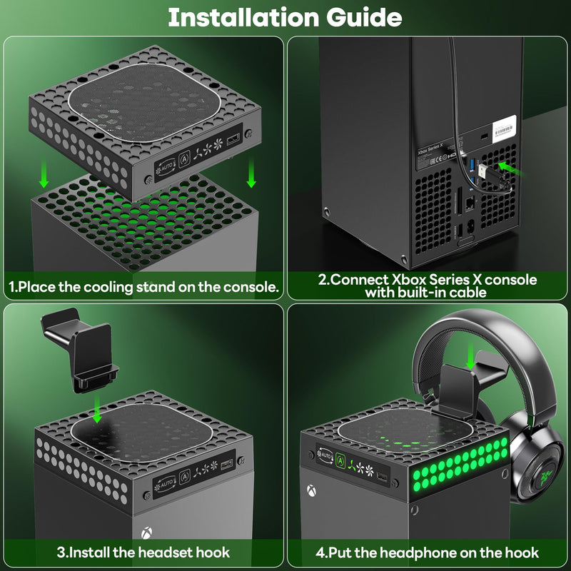 XBX Series X Cooling Fan Dust Proof with Auto Mode, for Xbox Series X Console with LED Lights, Built-in AUTO Adjustable Fan Cooling System, Xbox Series X Top Cooler, Game Accessory with Headset Holder