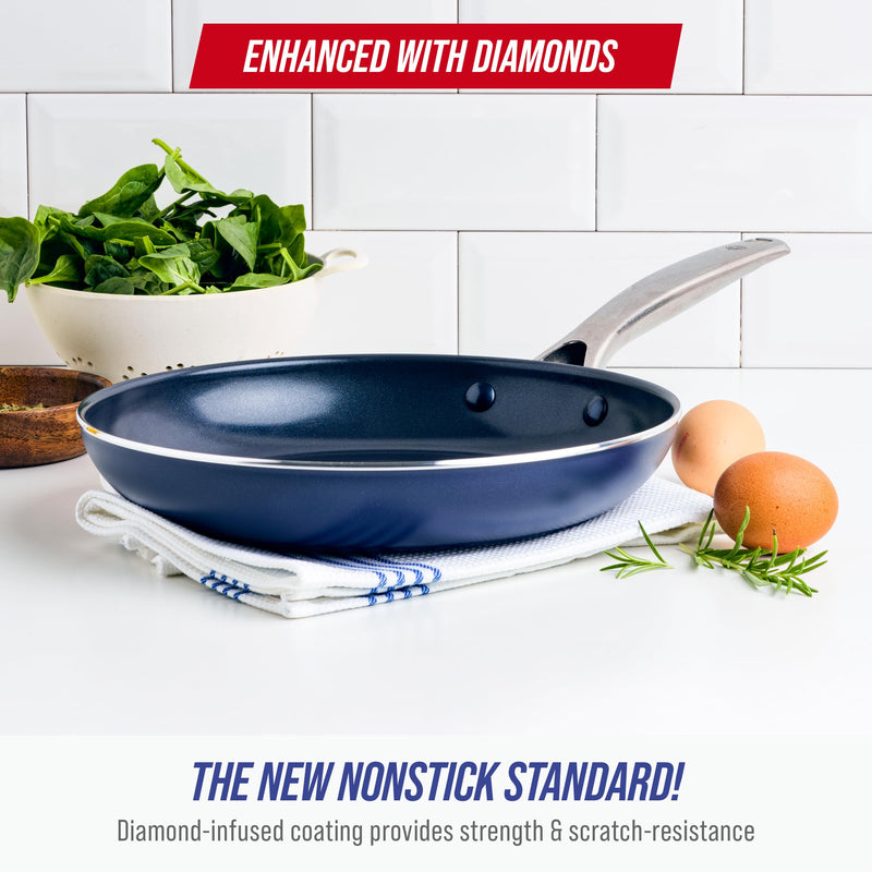Blue Diamond 12" Nonstick Frying Pan Skillet, Diamond Infused PFAS-Free Ceramic Pot, Dishwasher & Oven Safe, Stay Cool Handle, Durable Non Toxic Metal Utensil Safe, Egg & Omelet Pan, Blue 12" Frying Pan Skillet
