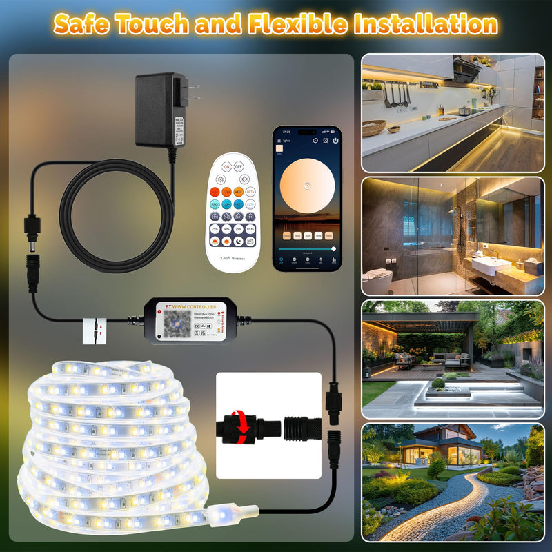 32.8FT Outdoor LED Strip Lights Waterproof IP67, Dimmable 3000K-6500K Warm White LED Rope Lights Outdoor Waterproof with Remote & APP, 24v Adhesive Exterior Lighting for Patio, Deck, Gazebo 32.8FT