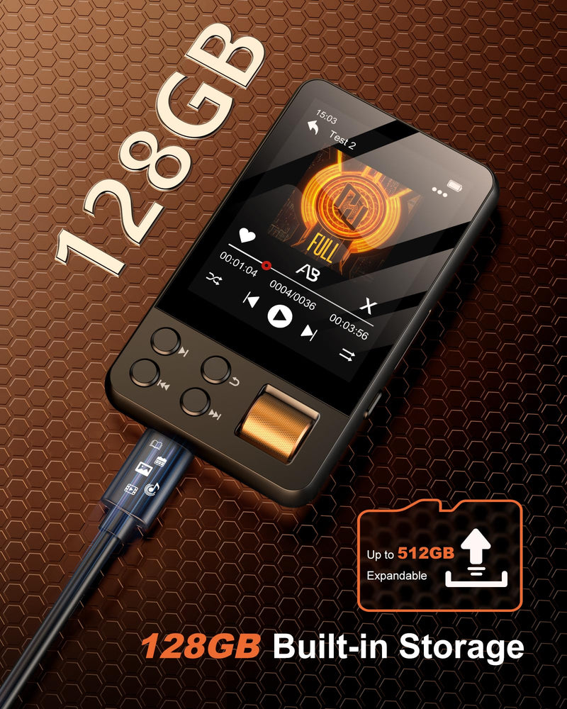 128GB MP3 Player with Bluetooth 5.4, AGXOV Music Player with Built-in HD Speaker, FM Radio, Voice Recorder, HiFi Sound, E-Book, Earphones Included 2.4‘’128GB