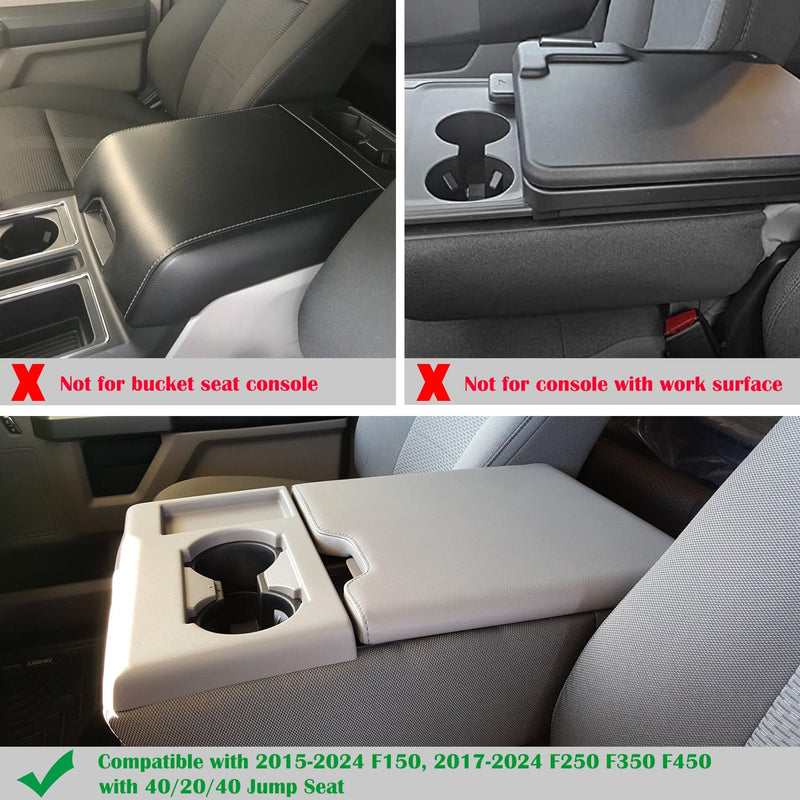 Center Console Cover for Ford F150 2015-2024/F250 F350 F450 2017-2024 Leather Arm Rest Box Lid Middle Console Cover Armrest Box Protective Cover Accessories(40/20/40 Jump Seat Console Only) Jump Seat Console(Black)