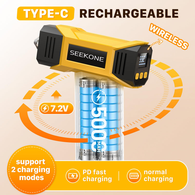 SEEKONE 7.2V Cordless Mini Heat Gun with Variable Temperature 212-932℉, 5000mAH Hot Air Gun with USB Charge, LCD Display and Memory Function, Reflector Nozzle for 3D Printing, Crafts and Shrink Tube