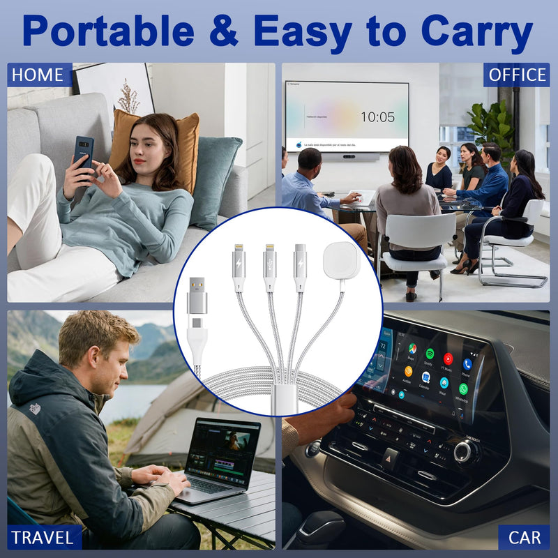 4in2 Multi Charging Cable for iPhone Watch Charger, 6FT USB C All-in-One Cable with Lightning, Type-C & Magnetic Watch Charger, MFi Certified for iWatch Series SE/Ultra 2-1, iPhone 15-13, Galaxy