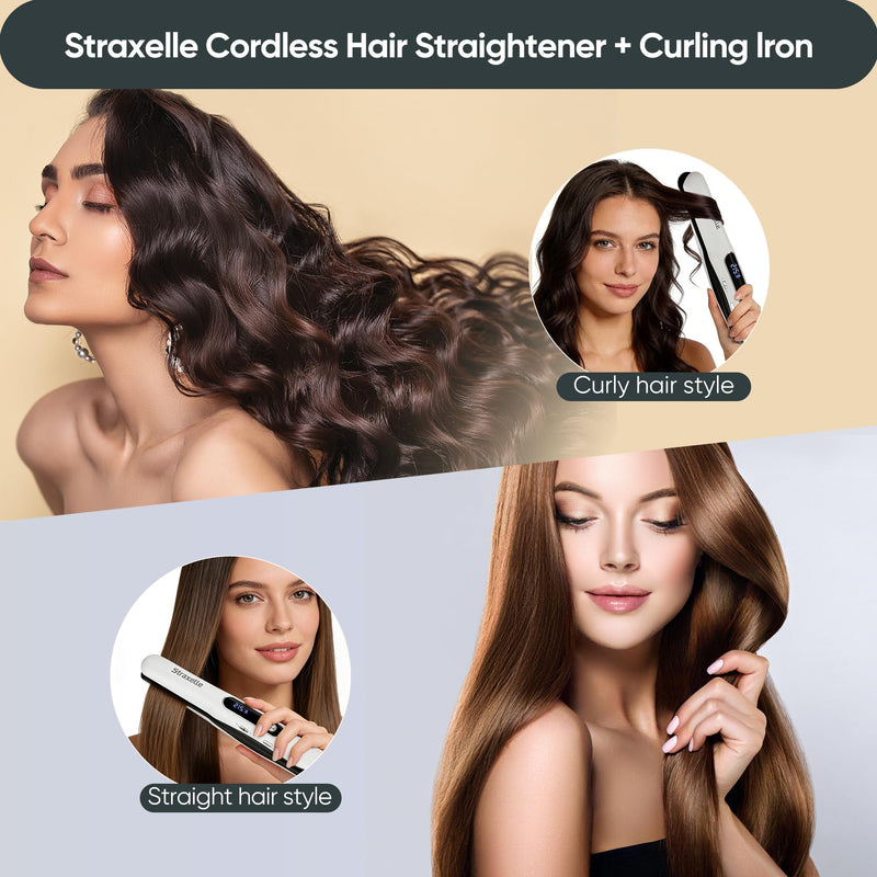 Mini Cordless Hair Straighteners and Curler,5000mAh Rechargeable Travel Straighteners Cordless with LED Display,2 in 1 Portable Flat Iron Hair Straightener 3 Temp Levels for Fine to Thick Hair(White) White