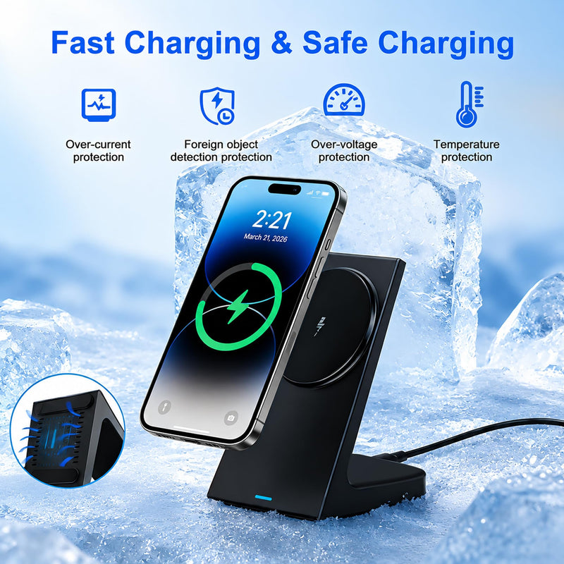 20W Wireless Charger for Apple Devices,Magnetic Charger for iPhone12-17 | 25W PD3.0 Adapter Wireless Charger Stand for Travel, Bedside,Desk, and Nightstand Black