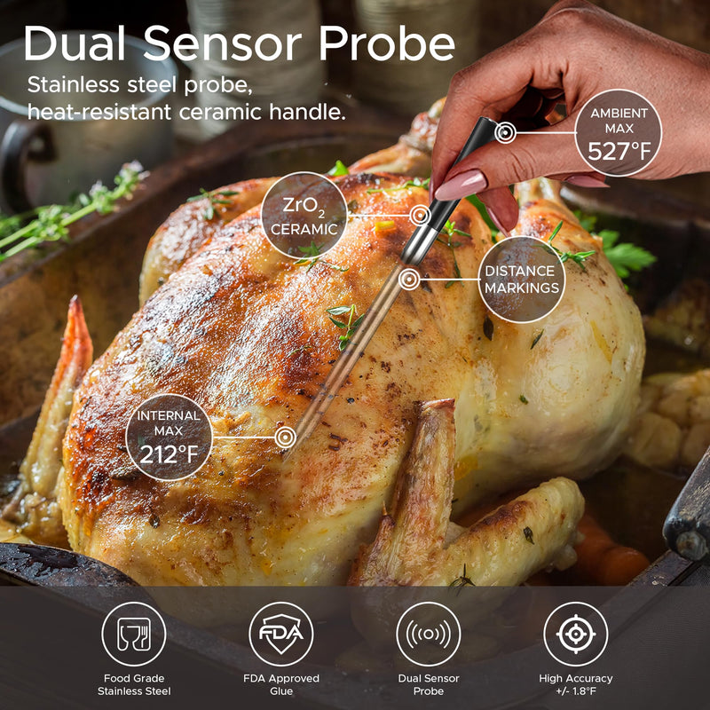 CulinaMeter One: 700FT Wireless Meat Thermometer with LCD Screen, Digital Cooking Food Thermometer for Beef Lamb Turkey, Dual Sensor Measures Internal & Ambient Temp 1 Probe Black