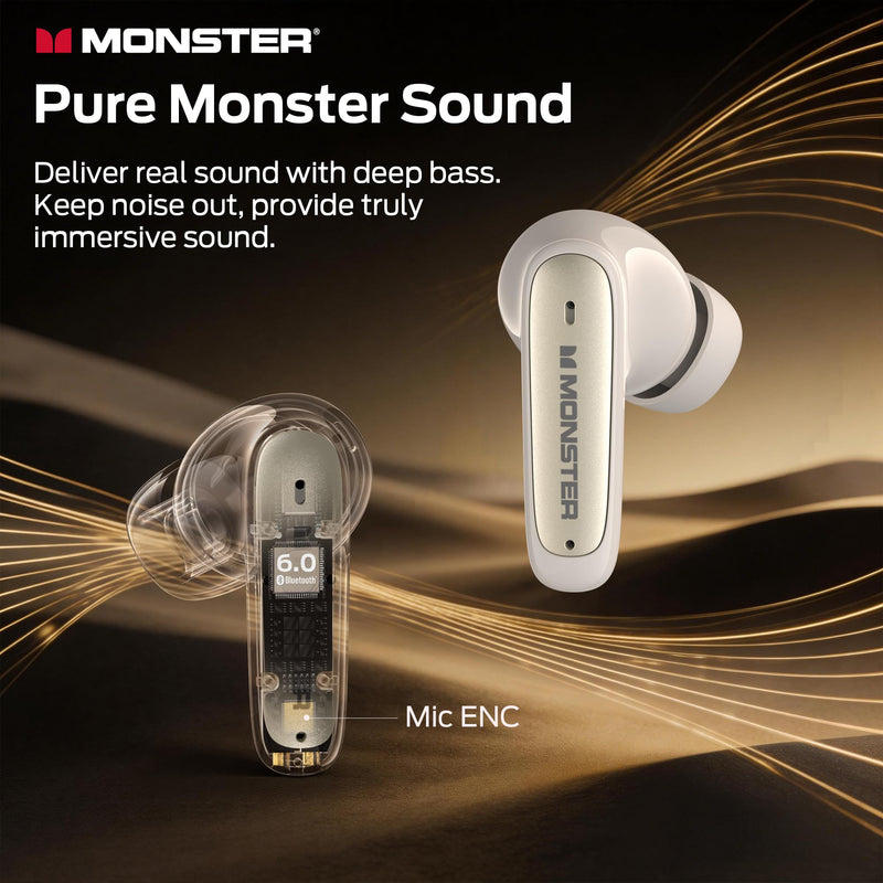 Monster N-Lite 310 True Wireless Earbuds, Bluetooth 6.0 Headphones Deep Bass, Earbuds with ENC Noise Cancelling Mic for Clear Calls, 32H Playback, Bluetooth Earbuds for Laptop/Phones/Sports, White