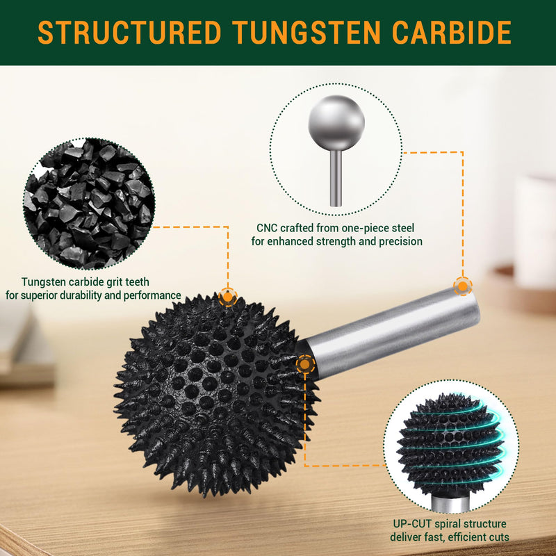 Extreme Coarse Sphere Rotary Burr, 1⁄4" Shaft, Ball Shape Rotary Rasp bit for Wood carving-fit Bosch,Foredom, DeWalt, Milwaukee Tools- Abrasive Tungsten Carbide Rasp Sphere, 1-1/4" Head Diameter