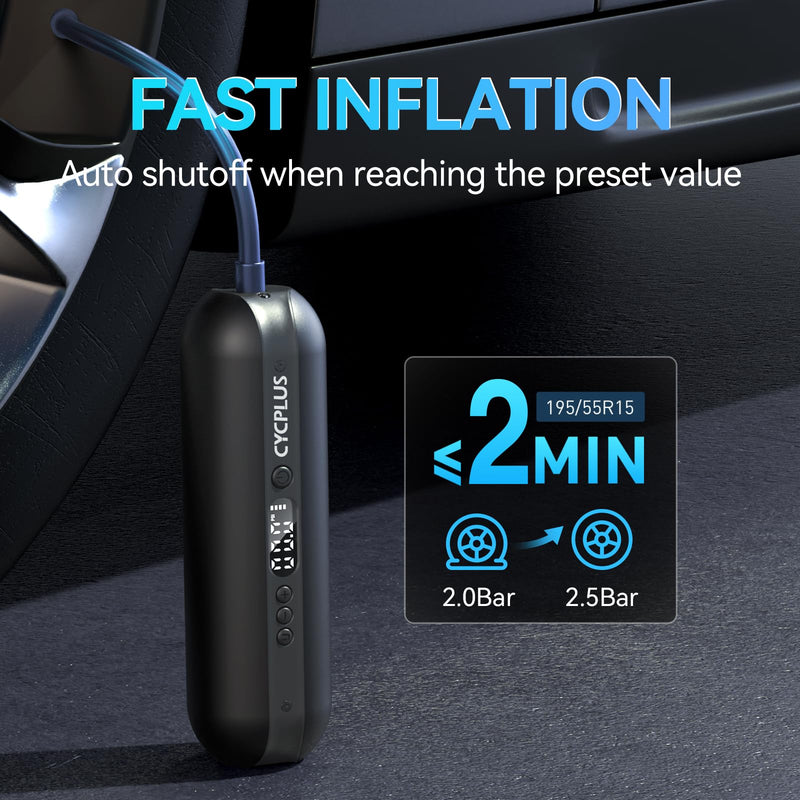 CYCPLUS Electric Air Compressor Portable Bicycle Pump Car Tire Inflator, Max 150 PSI, Auto Shut-Off Air Pump with Presta and Schrader Valves for All Bicycles Motorcycles and Cars Black