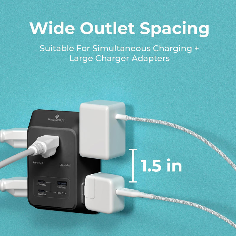Travel Depot PD USB Wall Charger Surge Protector, 5 Outlet, (Black) | Extender 2 USB C & 1 USBA Charging Ports, Fast Charge 3 Sided Power Strip Multi Plug Outlets Wall Adapter for Home Office Black