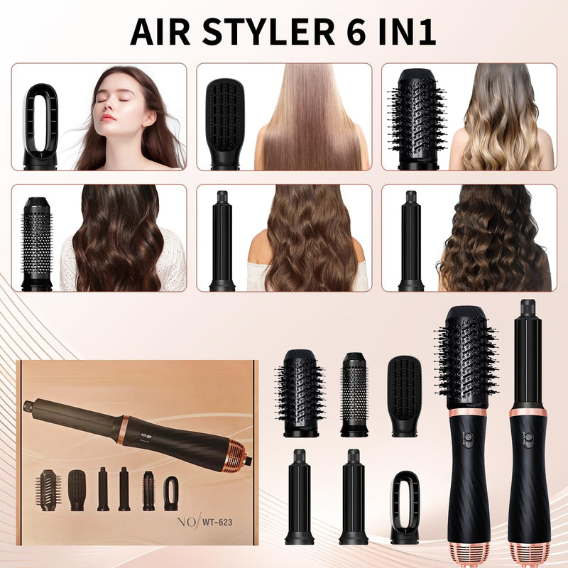 2026 New Thermal Brush - 6 in 1 Airstyler Hot Air Brush Set - Hair Styler Styling Brush Set with Hair Dryer-Blow Dryer Hair Curler Hot Brush Massage for All Hair Types Volumizing/Curling/Straightening Black