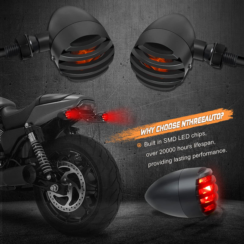 NTHREEAUTO Motorcycle Blinkers, Waterproof Aluminum Bullet LED Turn Signals, Rear Red Indicator Light Compatible with Harley Dyna, Honda, Yahama, Bobber,Suzuki and Kawasaki 12V Motorbikes Black/Red