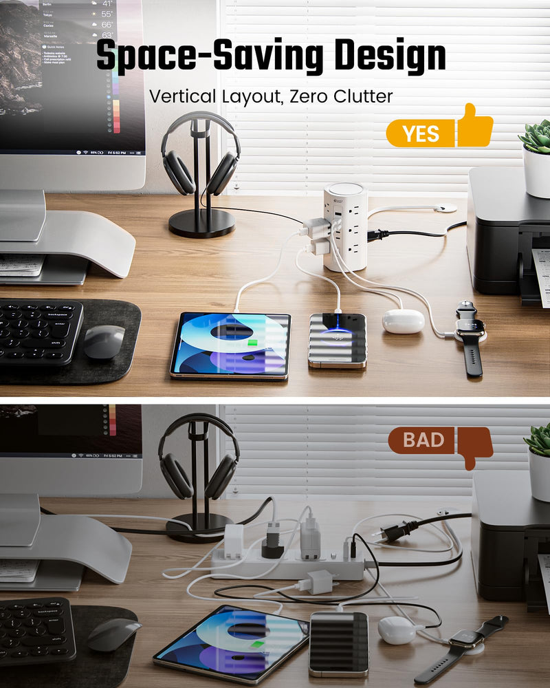 SUPERDANNY Tower Power Strip, 10Ft Extension Cord, 1700J, 12 AC 5 USB,White | 3 USB A, 2 USB C, Surge Protector Power Tower, Flat Plug, Desk Charging Station with Multiple Outlets, Home Office Dorm Room White 10 FT
