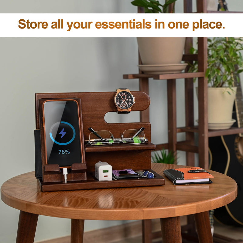 TESLYAR Wood Phone Docking Station for Men - Desktop or Nightstand Organizer - Birthday Gifts for Men, Dad - Anniversary Idea from Wife - Key Holder, Stand Wallet, Watch & Essentials (Chestnut) Chestnut