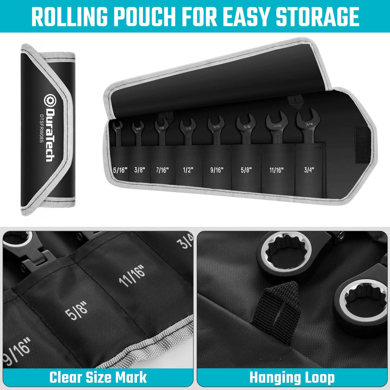 DURATECH Stubby Flex-head Ratcheting Combination Wrench Set, SAE, 8-piece, 5/16" to 3/4", CR-V Steel, Black Electrophoretic Coating, with Rolling Pouch