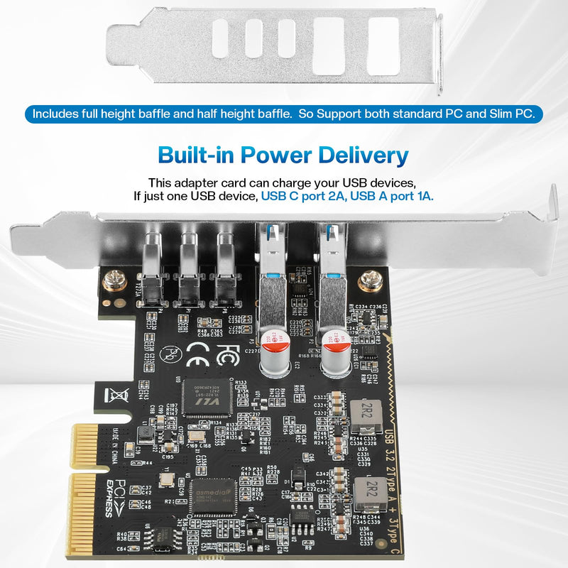 PCIe to USB C/A 3.2/3.1 Gen 2 Expansion Card, USB-C PCIe Card for PC Internal Hub, PCI-E Add-On Adapter Host Controller, 5 Ports (3X Type C - 2X Type A) 10+10Gbps PCIe-USB-CA