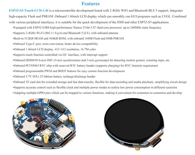 ESP32-S3 1.46inch Round Touch Display Development Board, 412×412 Pixel IPS LCD, Accelerometer and Gyroscope Sensor, Onboard Speaker and Microphone, ESP32 with Display, Supports W-i-F-i & B LE