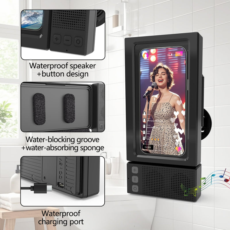 Shower Phone Holder with Wireless Bluetooth Speaker,- 480°Rotatable Retractable Adjustable Shower iPhone Case, Bathroom Wall Phone Stand Water Proof Anti Fog,Accessories for 4-7"Cellphones (Black) Black