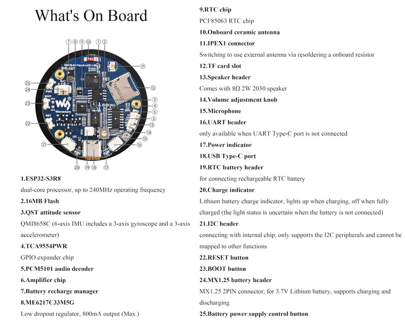 ESP32-S3 1.85inch Touch Display Development Board, 360×360 IPS LCD, Dual-Core Processor Up to 240MHz, Audio Codec, Support Offline Speech Recognition and AI Speech Interaction, with 8Ω 2W Speaker