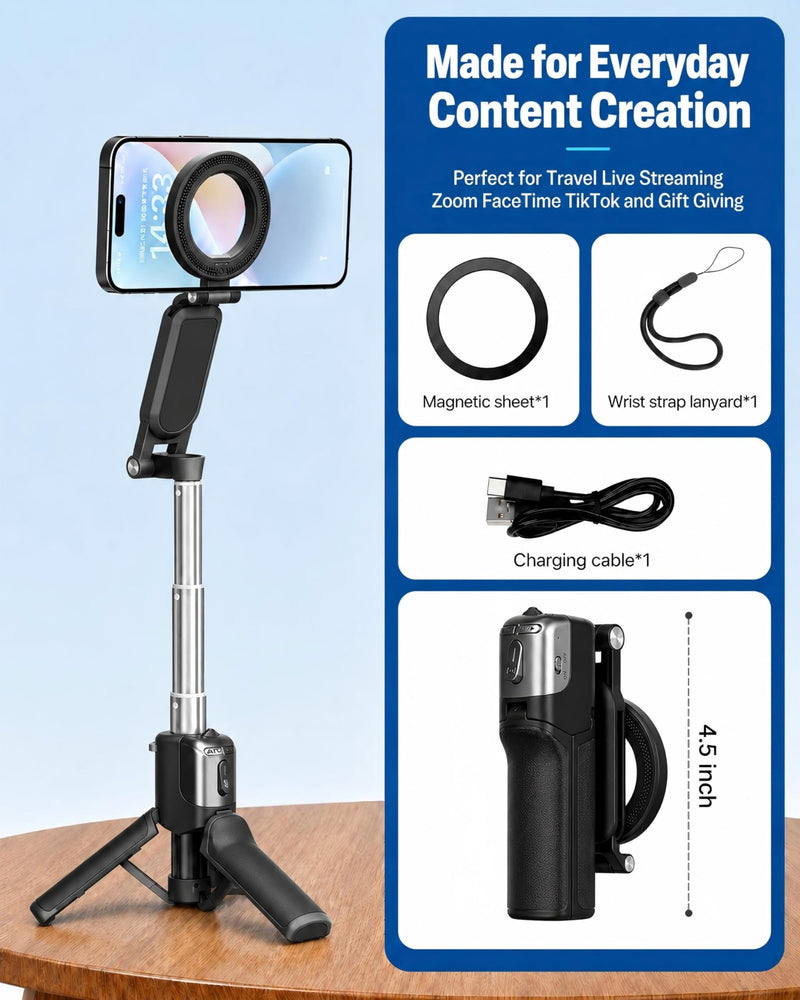 Magnetic Mini Selfie Stick Tripod for iPhone & Android, [MAX 19"] [Pocket 4.5"] 4-in-1 Phone Camera Grip with Rechargeable Shutter Remote for Creator Travel TikTok Vlogging (Up-Black) New Black