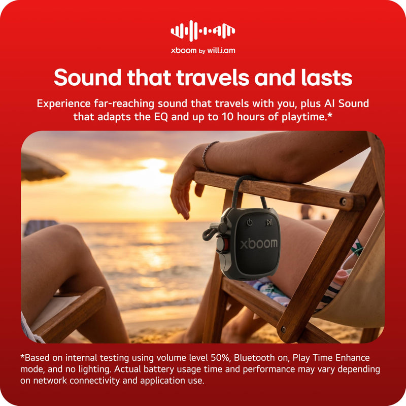 LG xboom Rock by will.i.am, Portable Outdoor Bluetooth Speaker, up to 10 Hours, IP67 Dust and Water Resistant, Adjustable Mounting Cord, Black
